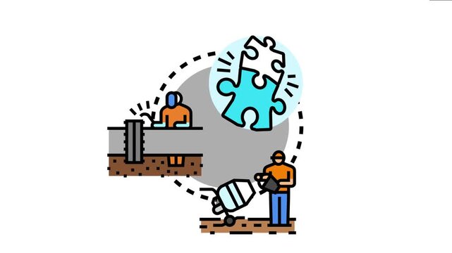 Construction workers performing a job in progress, diligently building and completing tasks, with a puzzle piece representing problem solving and successful project completion