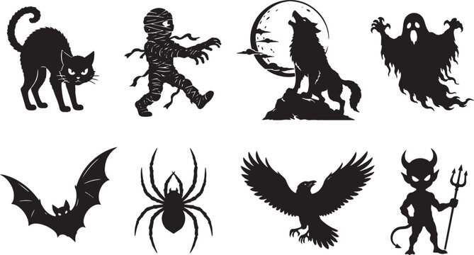 Halloween Horror Silhouette Collection with Black Cat, Mummy, Werewolf, Ghost, Bat, Spider, Raven and Devil