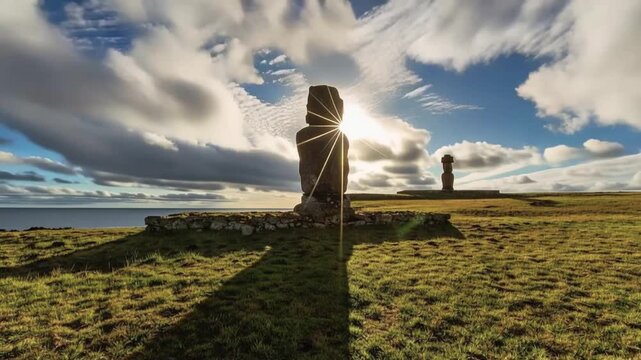 Moai Statues on Stone Platforms Overlooking Pacific Ocean at Tahai Archaeological Complex, Easter Island, Valparaiso, Chile. Time Lapse Video