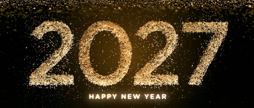 Golden Glitter 2027 New Year Text Banner on Dark Background