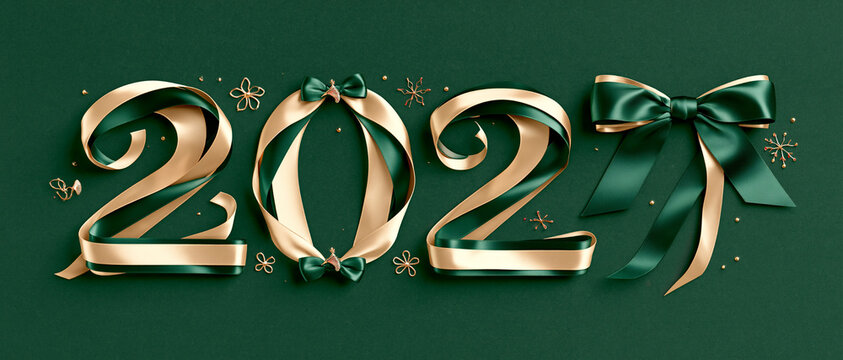 Luxurious Green 2027 New Year Banner with Golden Ribbon Bow Decor
