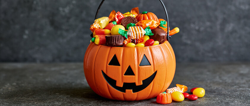 Halloween Pumpkin Bucket Filled with Candies on Dark Background