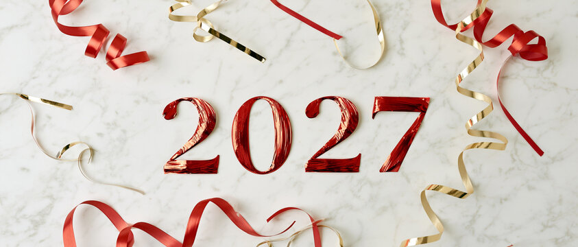 Happy New Year 2027 Red Numbers on Marble Background with Ribbon Streamers