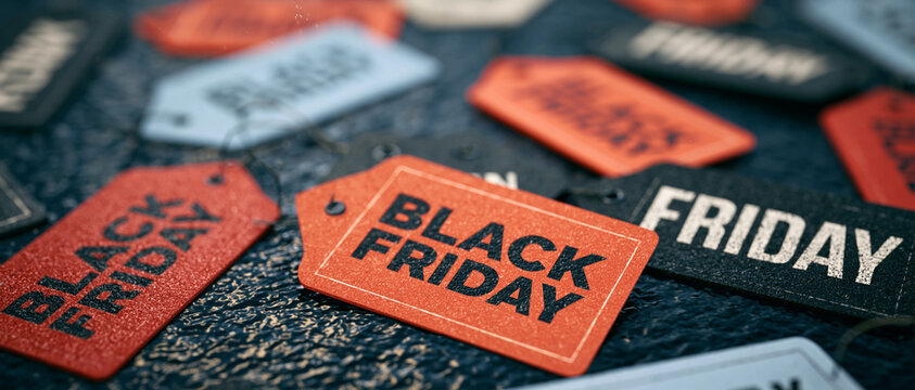 Selection of Black Friday Price Tag Labels Flat Lay Composition