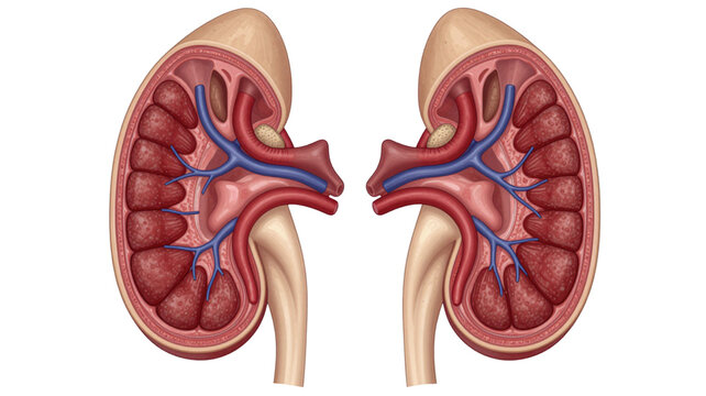 Detailed anatomical cross section diagram of human kidneys with blood vessels and ureters
