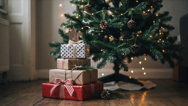 Christmas tree with wrapped gifts and glowing lights in a cozy home