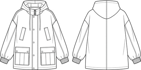 Hooded parka jacket technical flat sketch front and back view vector illustration template © VectoStudio