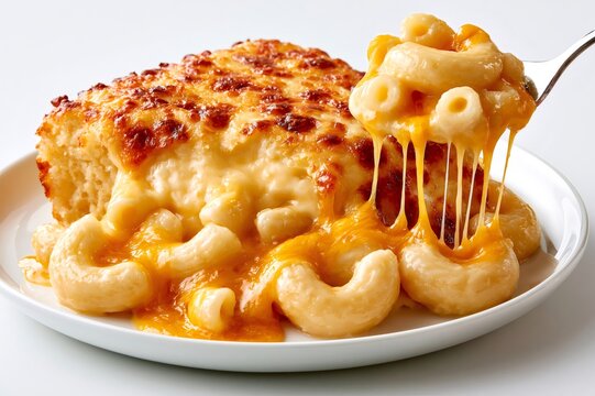 Baked macaroni and cheese with melting gooey cheese strings