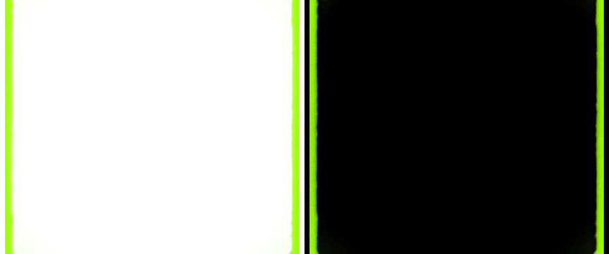 Minimalist split screen background with neon green border, contrasting white and black panels, modern digital layout template