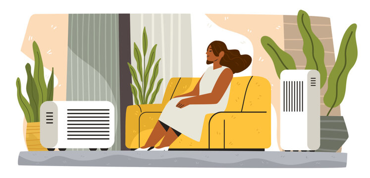 Heatwave Europe portable air conditioner summer woman relaxing indoors yellow sofa surrounded by plants modern living room home cooling
