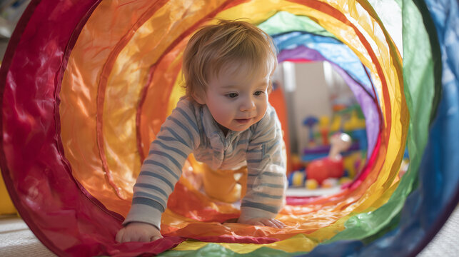 Cheerful toddler crawling through rainbow play tunnel. Happy child in colorful toy tube.