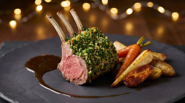 Herb crusted rack of lamb chops with rosemary jus and roasted root vegetables, fine dining main course plated on a dark slate dish with warm string lights glowing softly in the blurred background