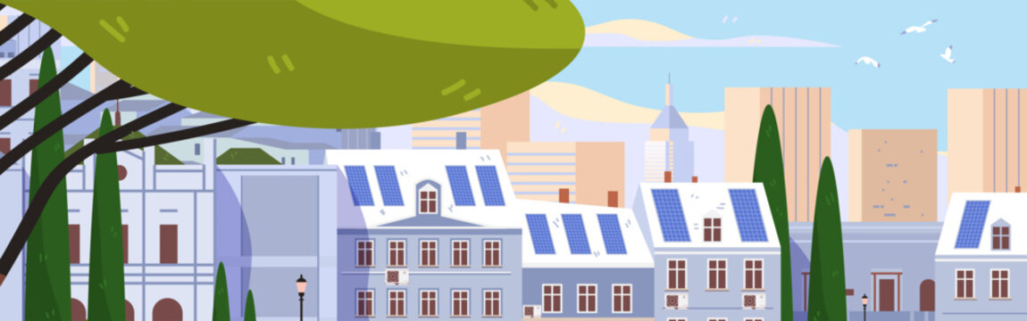 Heatwave Europe cool roof program urban buildings solar panels white rooftops city trees modern skyline blue sky summer ecological solution