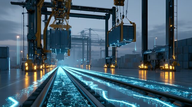 Advanced robotic container handling system inside a modern seaport, intelligent cranes moving shipping containers with precision,
