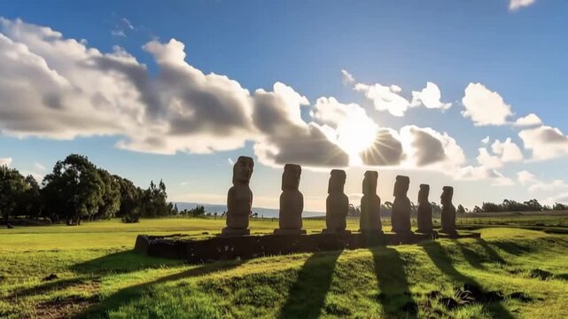 Seven Ahu Akivi Moai Statues Standing in Grassy Field under Blue Sky on Easter Island, Valparaiso, Chile. Time Lapse Video