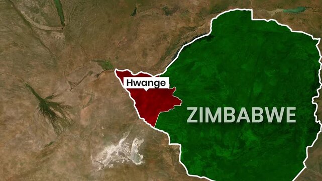 Zimbabwe map highlighting Hwange region in red with satellite view motion video