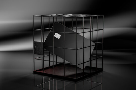Bank card locked inside a metal cage, symbolizing account restrictions, financial security, fraud prevention, banking regulations, and blocked access to funds.