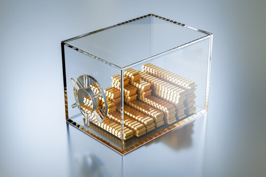 3D render of a transparent glass safe filled with stacked gold bars and secured with a combination lock. Concept of wealth, investment, banking, finance, savings and luxury.