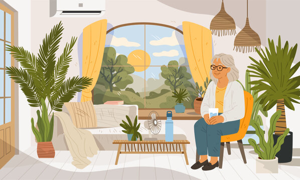 Heatwave Europe elderly people summer safety home air conditioning senior woman sitting indoors surrounded by plants drinking water sunny day