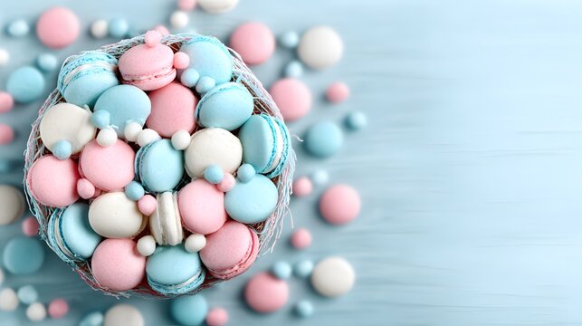 Assorted pink, blue, and white pastel macarons in a decorative basket on a light blue background