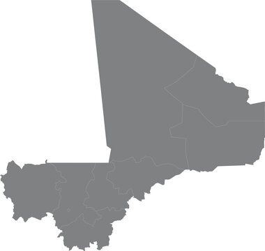Grey map of mali with internal administrative regions isolated on white background illustration