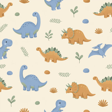 Seamless cute dinosaur nursery pattern in muted colors