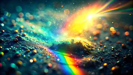 Naklejka premium Abstract rainbow light flare background with sparkling bokeh particles and colorful glow