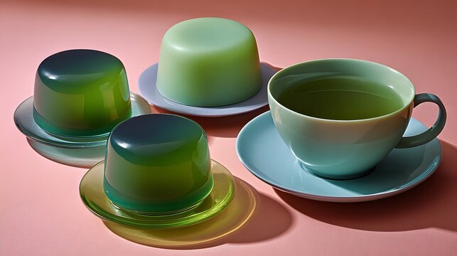 Assorted green gelatin puddings and a cup of herbal tea on a pink background with soft shadows