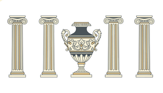 Classical Greek architectural columns flanking an ornate ancient ceramic urn with handle details on white.