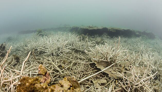 Underwater scene of bleached dead coral reef ecosystem.