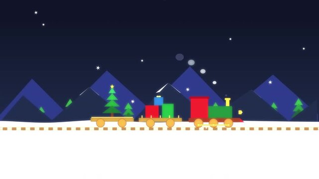 Festive children's toy train delivering Christmas tree and gifts through snowy mountains at night