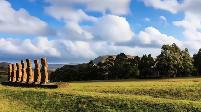 Seven Ahu Akivi Moai Statues Standing in Grassy Field under Blue Sky on Easter Island, Valparaiso, Chile. Time Lapse Video