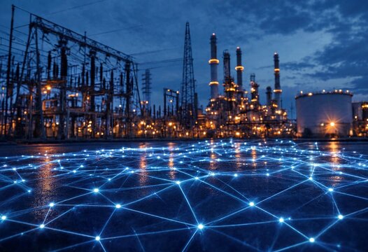 Stylized industrial power substation at twilight with glowing digital network nodes, electrical infrastructure, transmission lines, and futuristic technology representing smart energy connectivity and