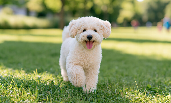 A poodle dog playing in the park