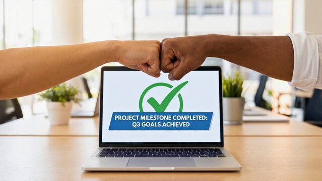Colleagues fist bumping over laptop showing project milestone completed, celebrating quarterly goals achieved in team collaboration