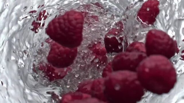 Sweet ripe red raspberries swirling down inside vortex of pure water
