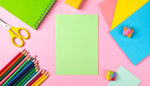 Material escolar colorido con cuaderno, l&aacute;pices, tijeras y papeles sobre fondo rosa con tarjeta verde central para texto