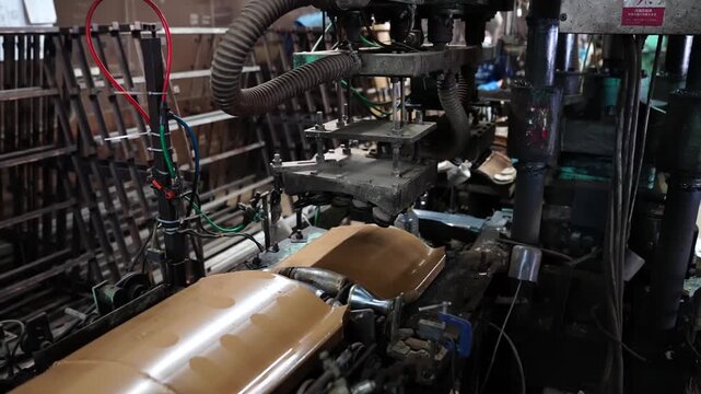 Hydraulic press machine shaping a curved clay roof tile inside a traditional factory
