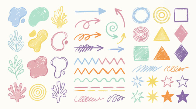 Hand Drawn Pastel Doodle Set Arrows Shapes and Organic Graphic Elements