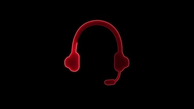 Abstract glowing neon headphone icon animation on black background. Red color Headset headphone icon and music symbol. Neon headphones sign.