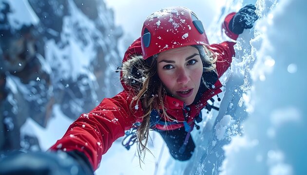 Mujer escalando una pared de hielo con casco rojo y ropa t&eacute;cnica en un entorno de monta&ntilde;a cubierto de nieve