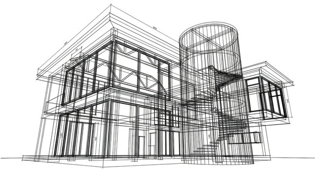 Architectural wireframe sketch drawing of a modern house structure isolated on transparent background