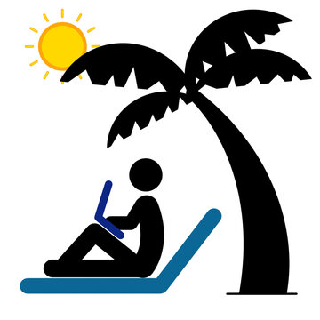 Digital nomad concept featuring a person working on a laptop beneath coconut trees with a bright sun icon, representing remote work, travel, and tropical lifestyle.
