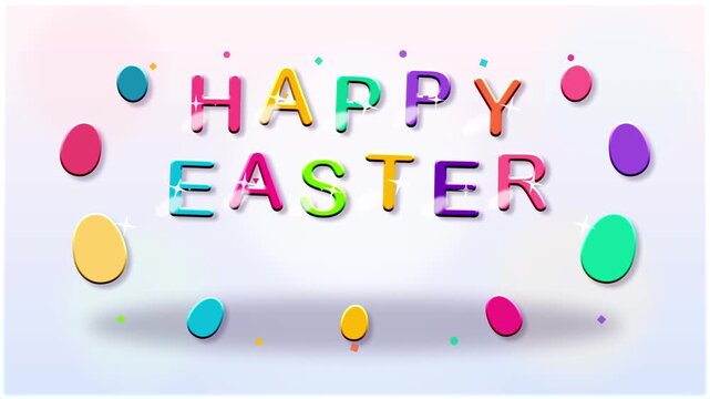 Animated happy easter text with colorful balloons and easter eggs, festive celebration loop