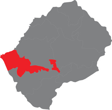 Map of lesotho with maseru district highlighted in bright red color illustration
