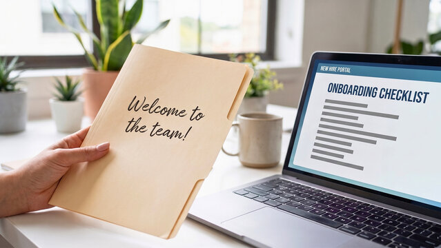 Welcome to the team note beside laptop showing onboarding checklist, representing new employee orientation and workplace integration