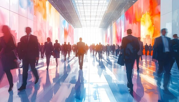 Multitud de personas caminando por un amplio pasillo moderno con paneles de colores, luz intensa y reflejos sobre el suelo