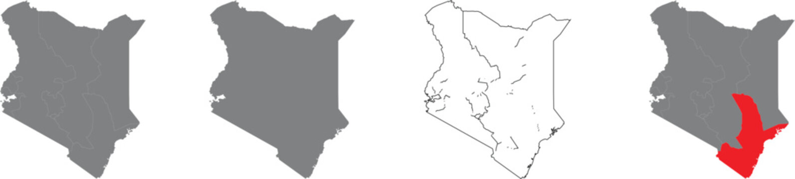 Set of kenya country maps with highlighted regions on white background illustration