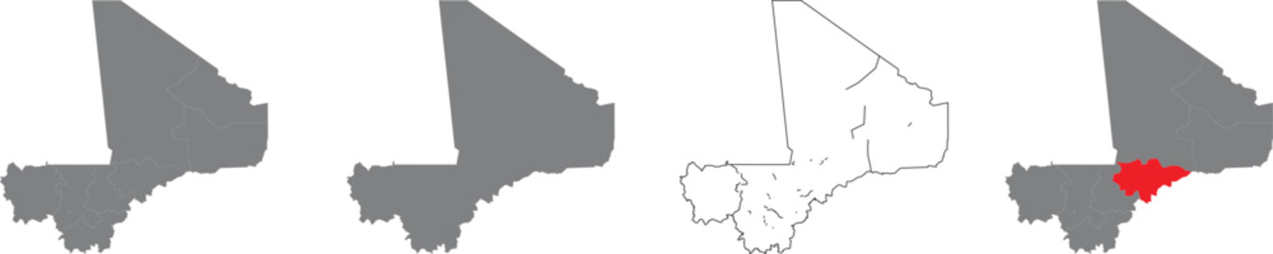 Set of mali country maps and administrative region highlighted in red illustration