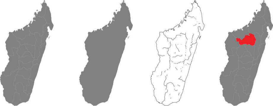 Set of madagascar island country maps with highlighted region and borders illustration